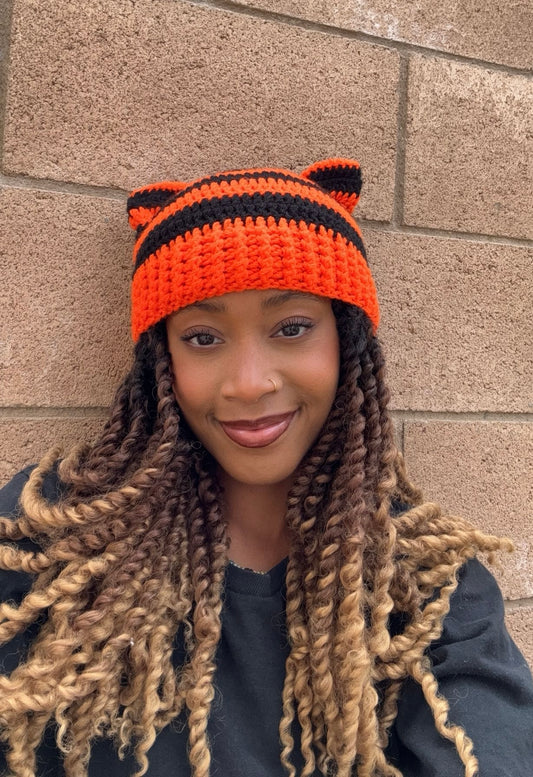 Cat Ear Striped Crochet Beanie